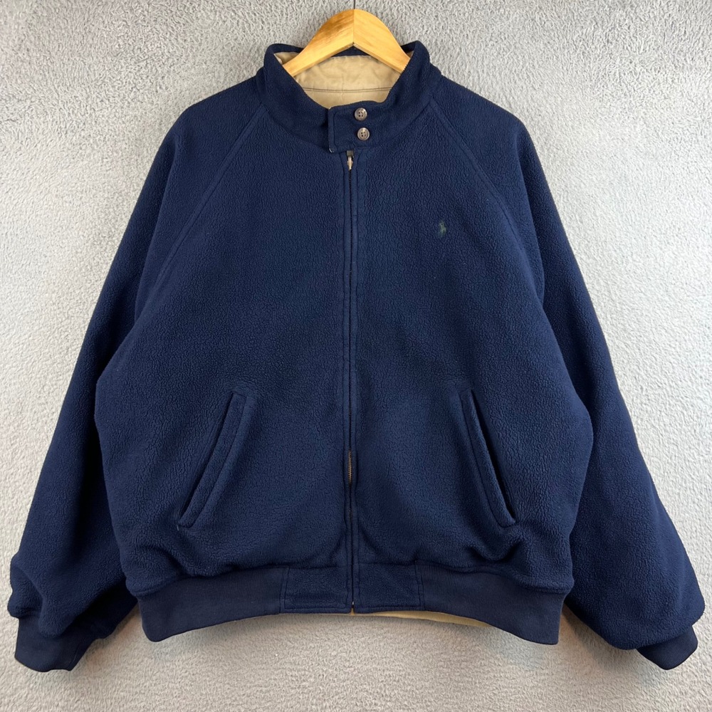 Polo Ralph Lauren Reversible Bomber Jacket Mens Navy Fleece Tan Khaki XL  Zip